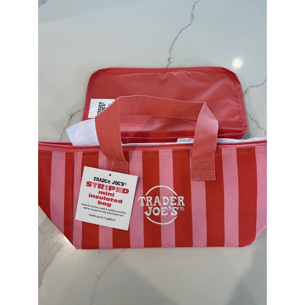 Trader Joes Striped Mini Insulated Bag Red Pink Reusable Tote 1.5 Gallon NWT